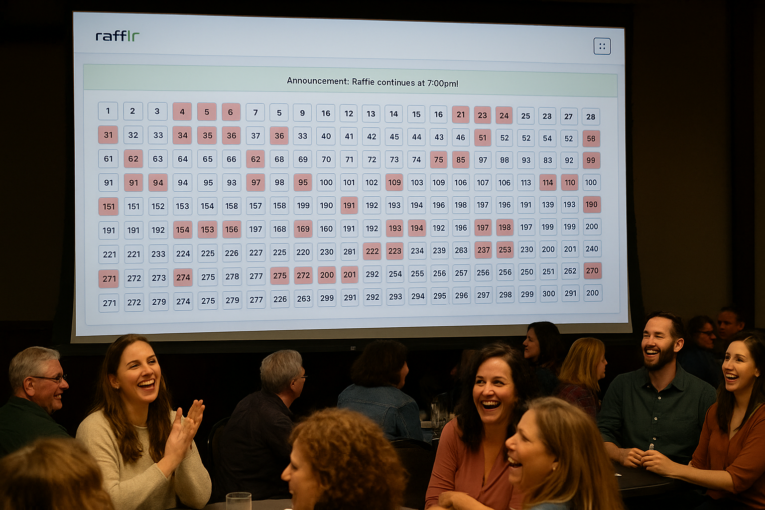Excited crowd watching reverse raffle board display with rafflr software